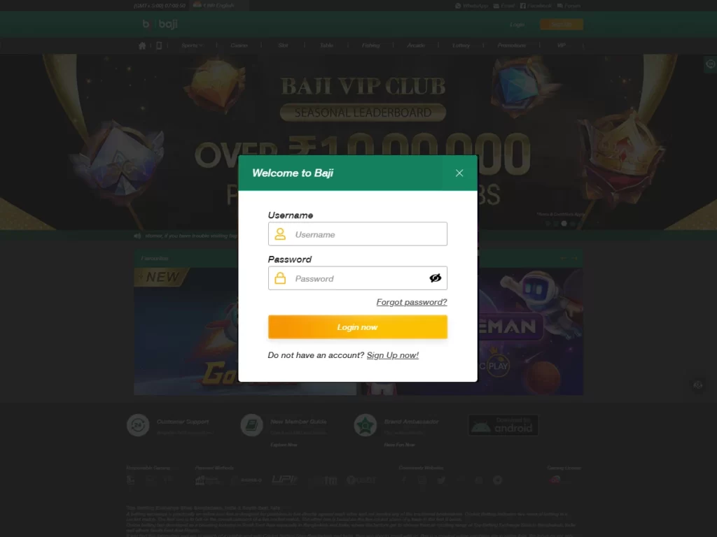Baji Live casino login page