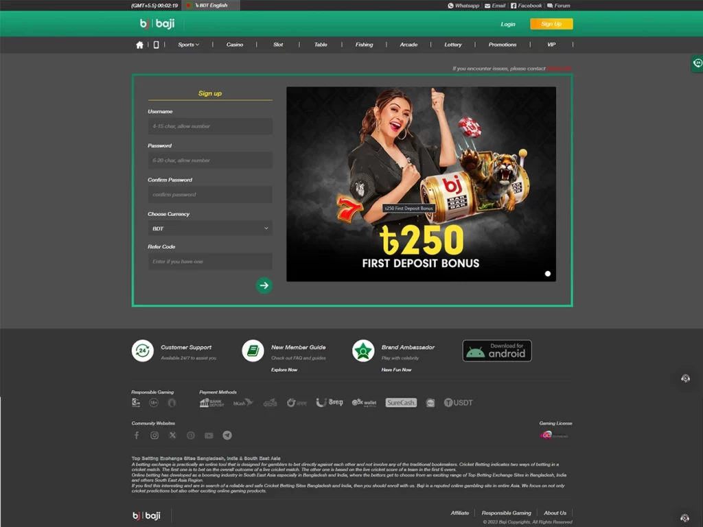 Baji Live casino registration page